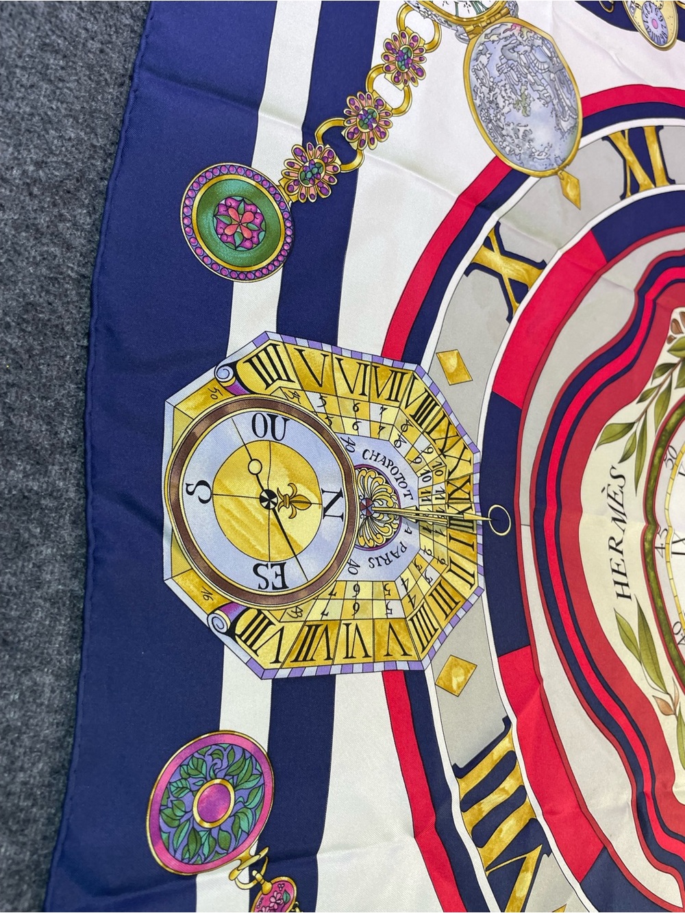 Hermes Multicolor Silk Scarf with Navy, Red, White and Gold Accents - Picture 8 of 16